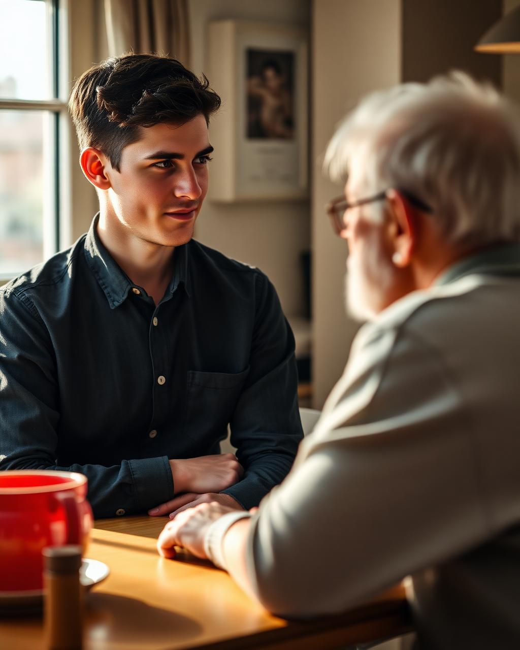 Jonge mannelijke begeleider in gesprek met een cliënt aan de keukentafel